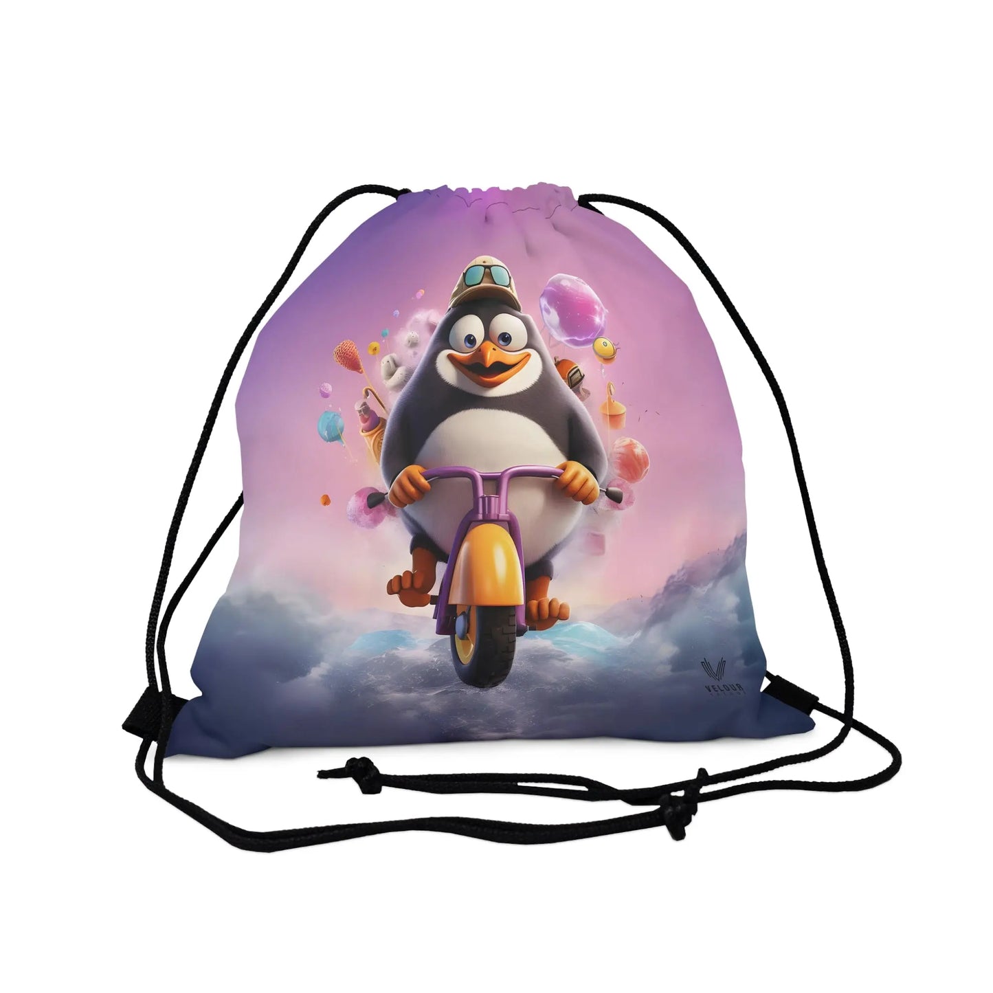 Cartoon Penguin on Scooter Unisex AOP Drawstring Bag - Velour Trends Velour Trends